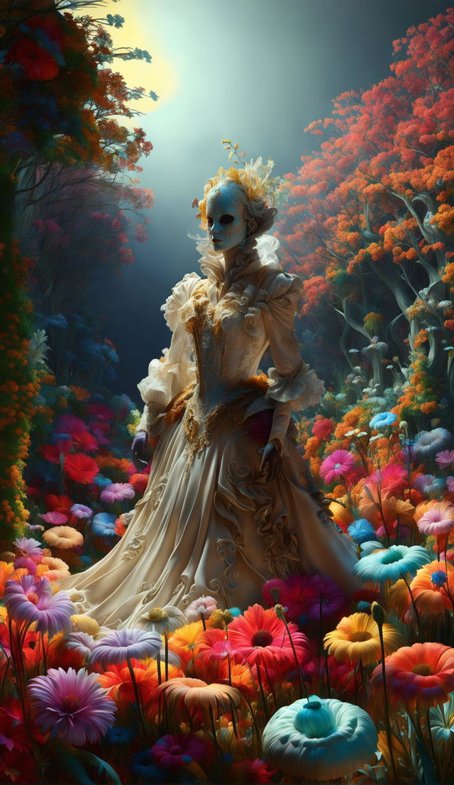 Hyper-realistic 3D rococo spirit in an eerie mythical meadow filled with vibrant flowers, exuding fantasy vibes.