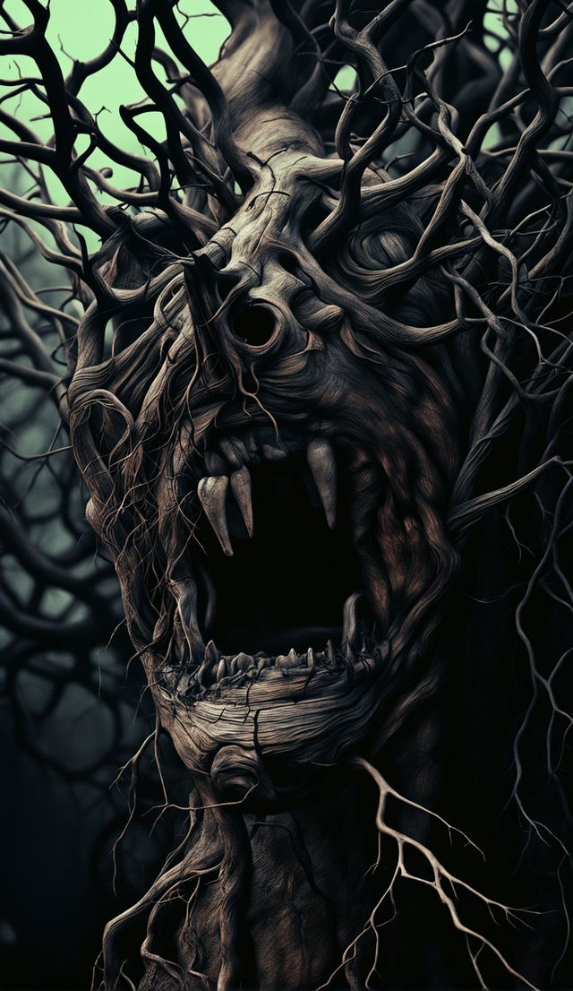 An intricate, ultra-high resolution CGI photograph of a tree with branches organically twisted into a mystical yet horrific mouth.