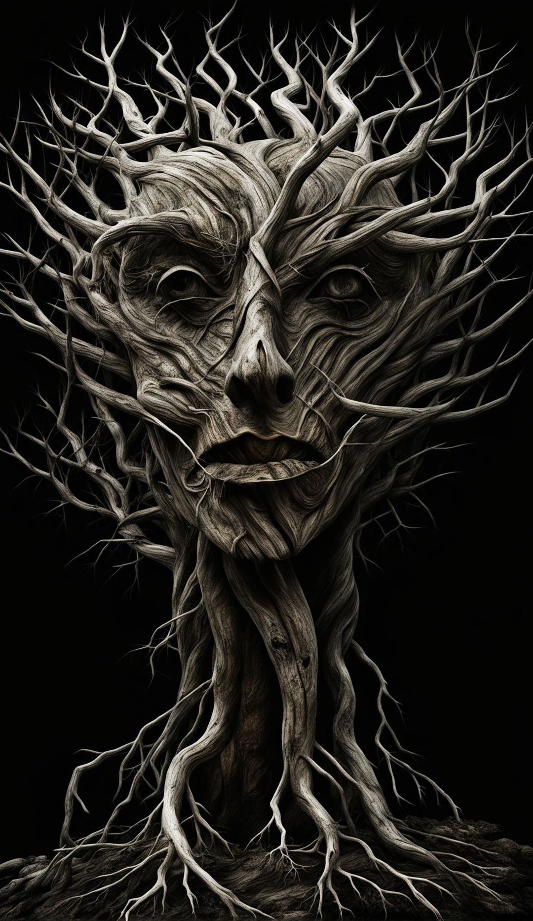 A high-resolution CGI photograph featuring an ancient tree whose branches deform into a grim human face against a dark background.