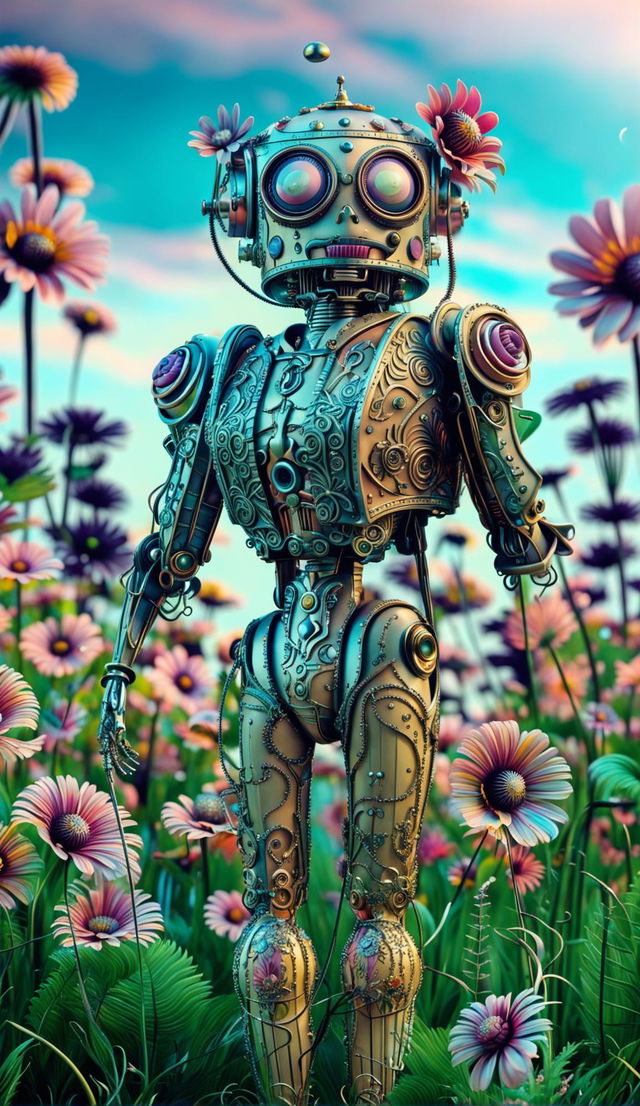 Hyper-realistic 3D rococo cyberpunk humanoid robot in an eerie yet beautiful mythical meadow filled with vibrant cybernetic flowers.