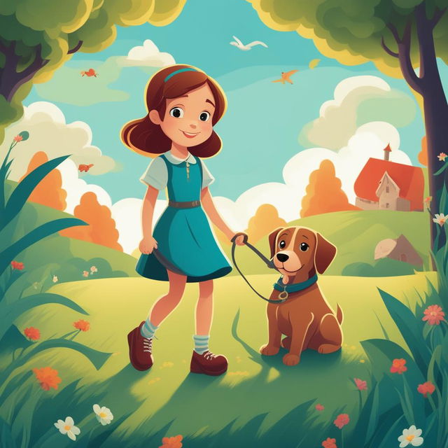 A detailed cartoon illustration of a storybook character, a little girl with her pet dog, in a lush green meadow under a clear blue sky