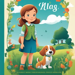 A detailed cartoon illustration of a storybook character, a little girl with her pet dog, in a lush green meadow under a clear blue sky