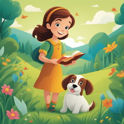 A detailed cartoon illustration of a storybook character, a little girl with her pet dog, in a lush green meadow under a clear blue sky