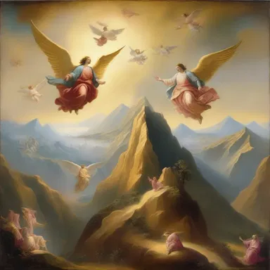 The religious painting showcased a heavenly landscape with angels flying above golden mountains.