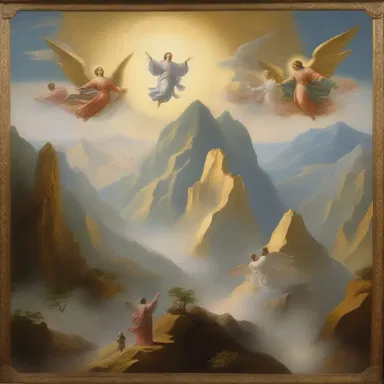 The religious painting showcased a heavenly landscape with angels flying above golden mountains.