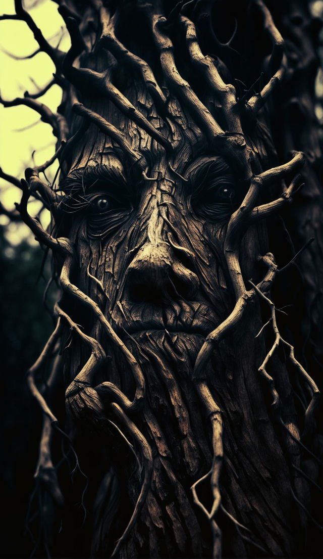 Ultra-close up 32k photograph of a tree with branches forming a beautiful face in a grimdark setting.