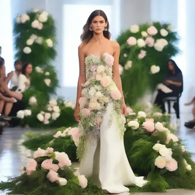 The fashion designer used a unique technique to landscape the runway, adorning it with cascading floral arrangements and lush greenery.