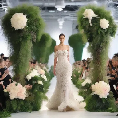 The fashion designer used a unique technique to landscape the runway, adorning it with cascading floral arrangements and lush greenery.