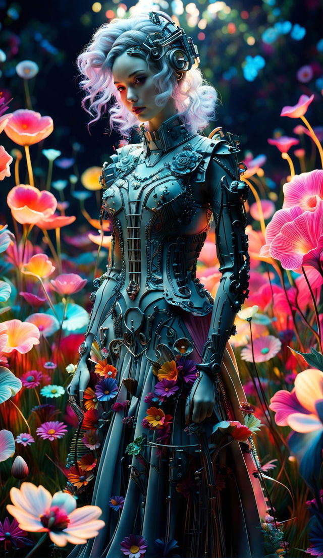 A hyper-realistic 3D rococo cyberpunk robotic woman stands in a vibrant mythical meadow filled with fantastical flowers. She's dressed in a metallic gown adorned with neon lights, her face partially obscured by a high-tech visor.