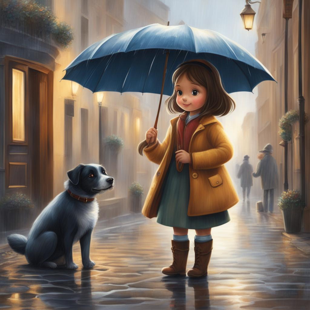 A detailed illustration of a new scene from the storybook, featuring the same little girl and her pet dog