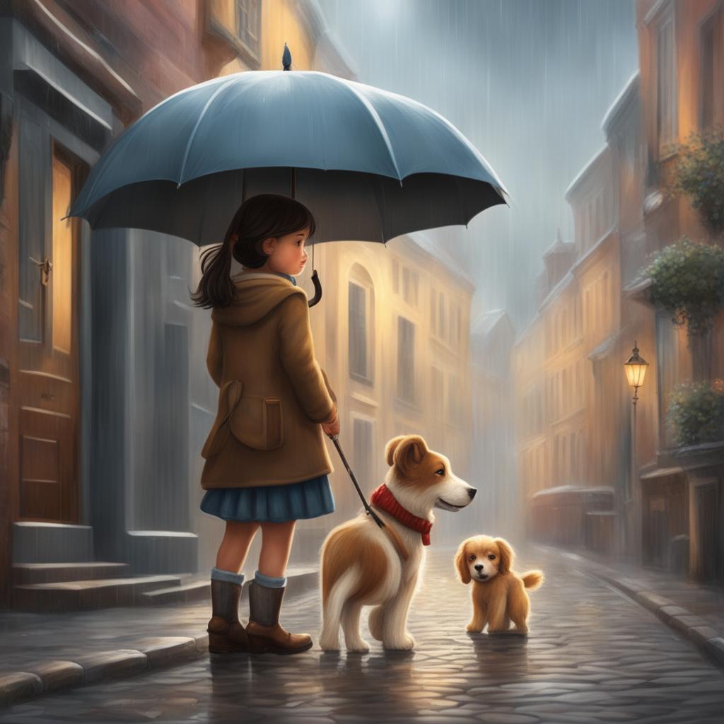 A detailed illustration of a new scene from the storybook, featuring the same little girl and her pet dog