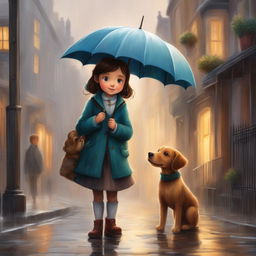 A detailed illustration of a new scene from the storybook, featuring the same little girl and her pet dog