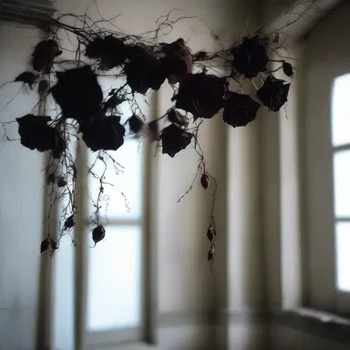 The haunted house was decorated with sprigs of dried black roses, creating an eerie atmosphere.