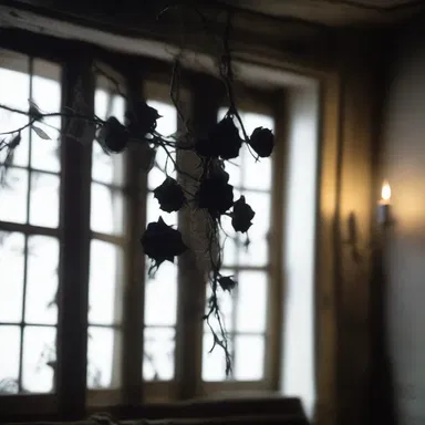 The haunted house was decorated with sprigs of dried black roses, creating an eerie atmosphere.
