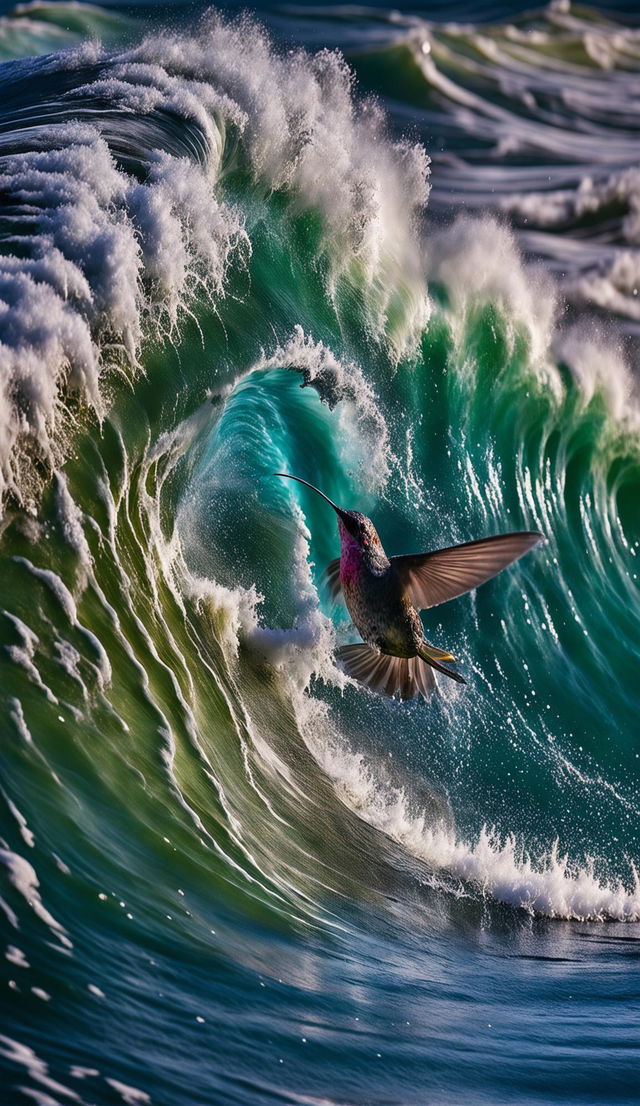 A 32k ultra-close up photograph capturing a massive wave about to crash into the ocean, with a pink hummingbird hovering above it. The image showcases exceptional composition and dramatic lighting.