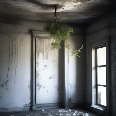In the abandoned house, the protagonist stumbled upon an eerie sprig hanging from the ceiling, giving her a sense of foreboding.