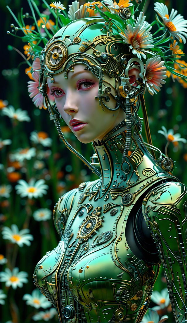 Hyper-realistic 3D image of a rococo cyberpunk robotic woman in a vibrant, mythical meadow filled with mechanical flowers. The scene is eerie yet beautiful, with a strong fantasy vibe and a mechanical aesthetic.