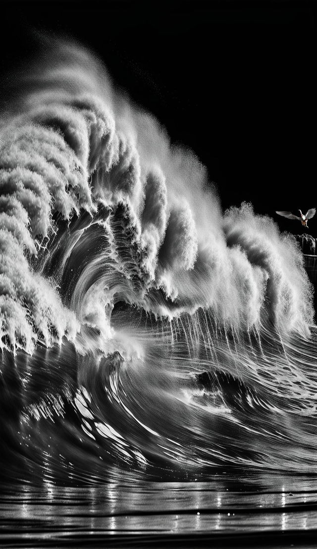 Ultra-high resolution 32k photograph capturing a massive wave crashing below a pink hummingbird, shot in intense black and white editorial style.