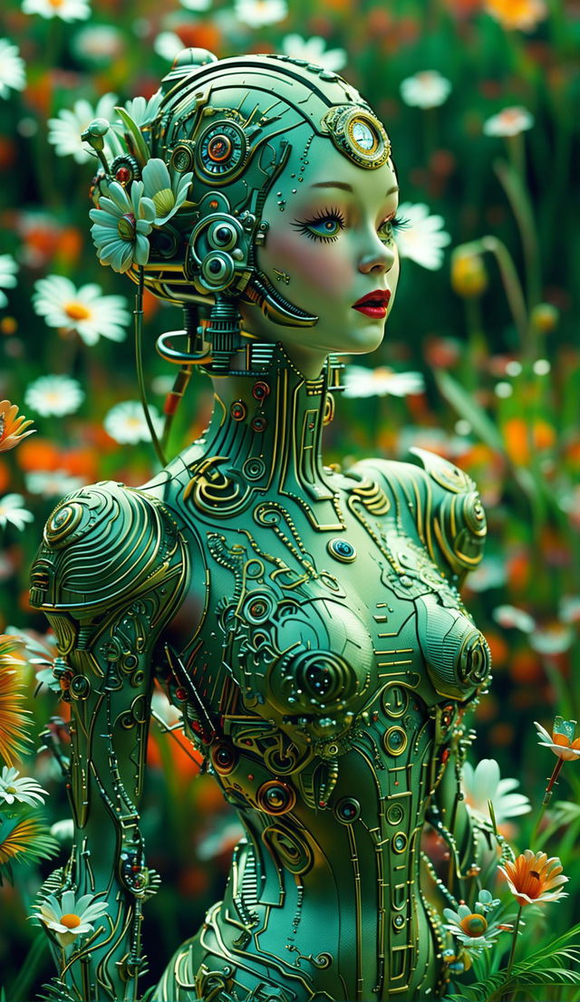 Hyper-realistic 3D rococo cyberpunk robotic woman in a vibrant, mythical meadow filled with mechanical flowers. The scene is eerie yet beautiful, with a strong fantasy vibe and a mechanical aesthetic.