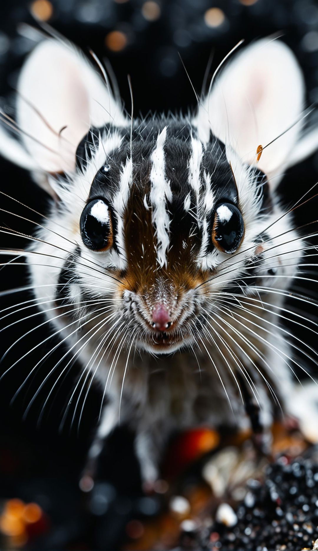 Ultra-close up of a black and white mouse in 32k resolution, showcasing its fur, eyes, nose, whiskers, ears, and claws in stunning detail.