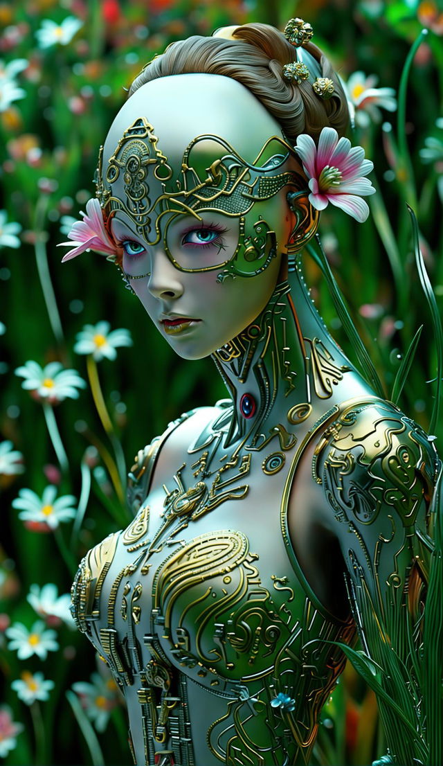 Hyper-realistic 3D image of a rococo cyberpunk robotic woman in a vibrant, mythical meadow filled with mechanical flowers. The scene is eerie yet beautiful, with a strong fantasy vibe and a mechanical aesthetic.