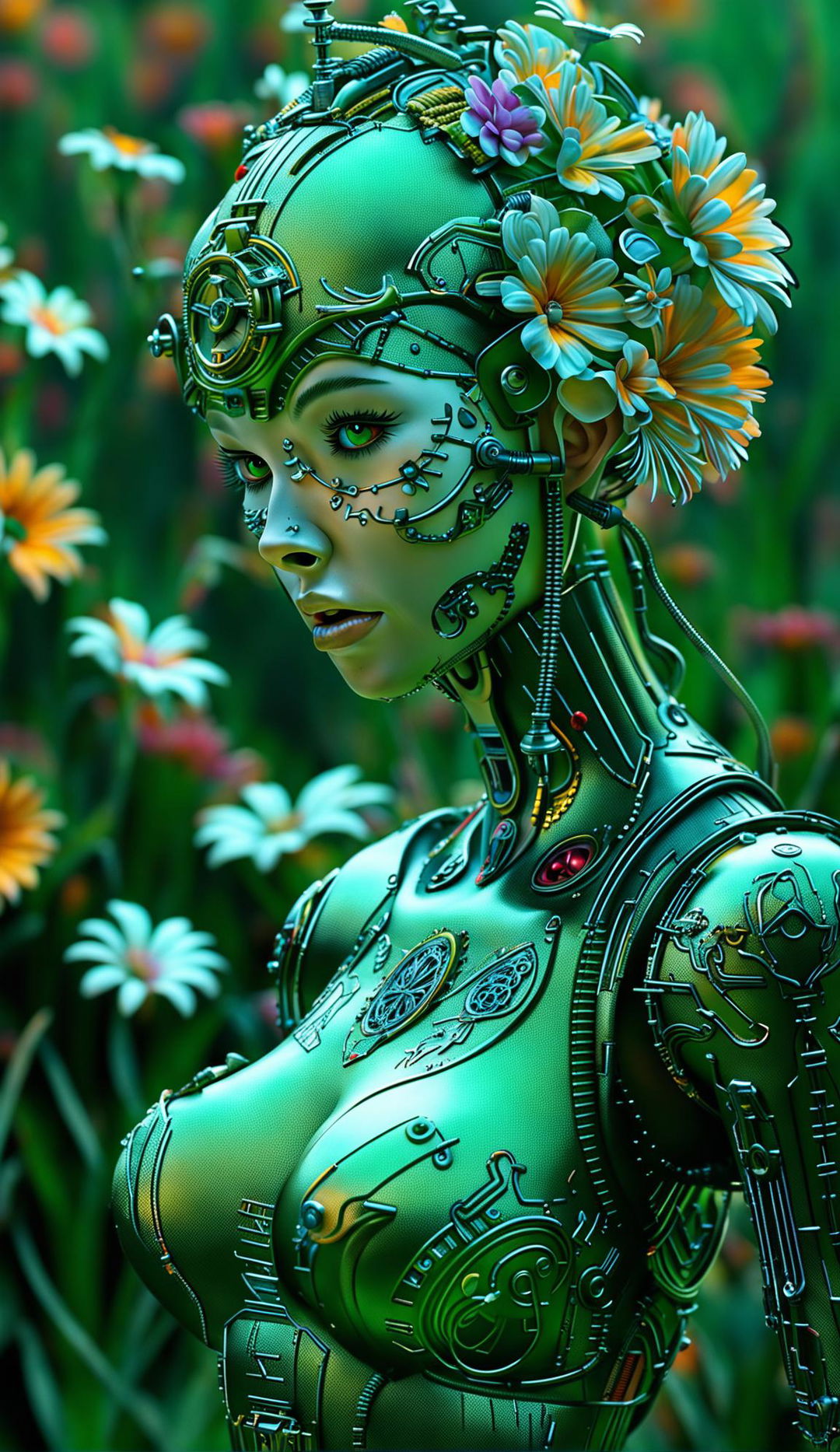 Hyper-realistic 3D image of a rococo cyberpunk robotic woman in a vibrant, mythical meadow filled with mechanical flowers. The scene is eerie yet beautiful, with a strong fantasy vibe and a mechanical aesthetic.