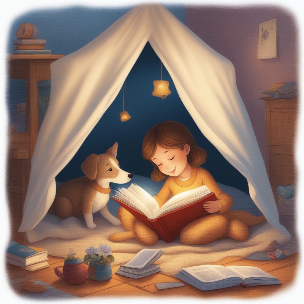 A high-quality illustration of a new scene from the storybook, featuring the little girl and her pet dog in a cozy blanket fort, reading a bedtime story