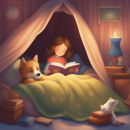 A high-quality illustration of a new scene from the storybook, featuring the little girl and her pet dog in a cozy blanket fort, reading a bedtime story