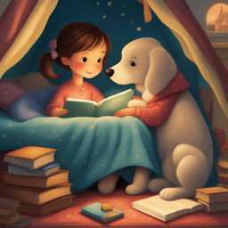 A high-quality illustration of a new scene from the storybook, featuring the little girl and her pet dog in a cozy blanket fort, reading a bedtime story