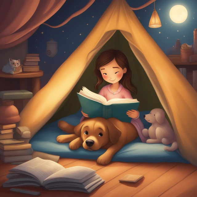 A high-quality illustration of a new scene from the storybook, featuring the little girl and her pet dog in a cozy blanket fort, reading a bedtime story