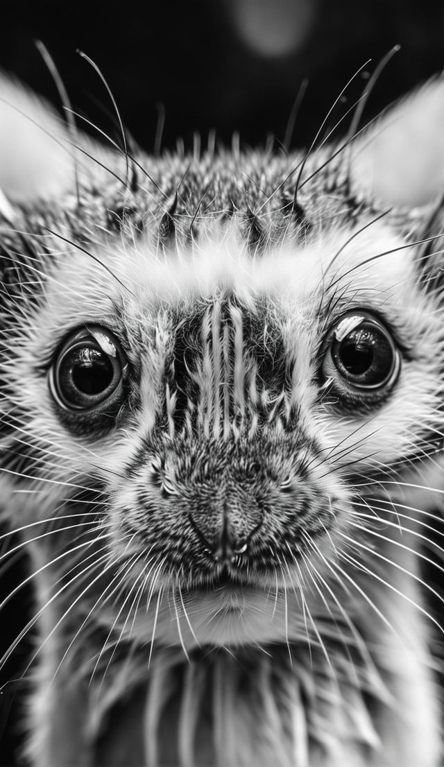 Ultra-close up of a black and white mouse's face in 32k resolution, focusing on its eyes, nose, and whiskers.