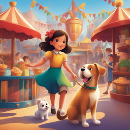 A vibrant illustration of a new scene from the storybook, featuring the little girl and her pet dog at a bustling fair