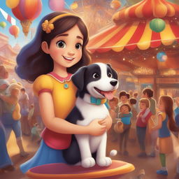 A vibrant illustration of a new scene from the storybook, featuring the little girl and her pet dog at a bustling fair