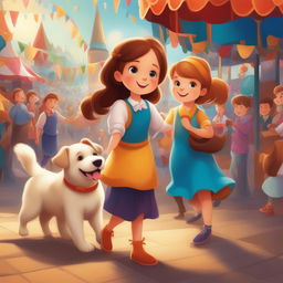 A vibrant illustration of a new scene from the storybook, featuring the little girl and her pet dog at a bustling fair