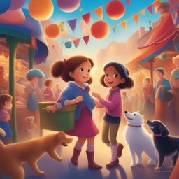 A vibrant illustration of a new scene from the storybook, featuring the little girl and her pet dog at a bustling fair