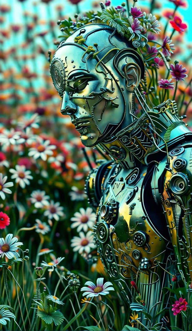 A hyper-realistic 3D image of an eerie rococo cyberpunk robotic man standing in a vibrant mythical meadow filled with colourful flowers. The close-up shot reveals intricate mechanical details and rococo designs on the robot, contrasting with the organic beauty of the surroundings.