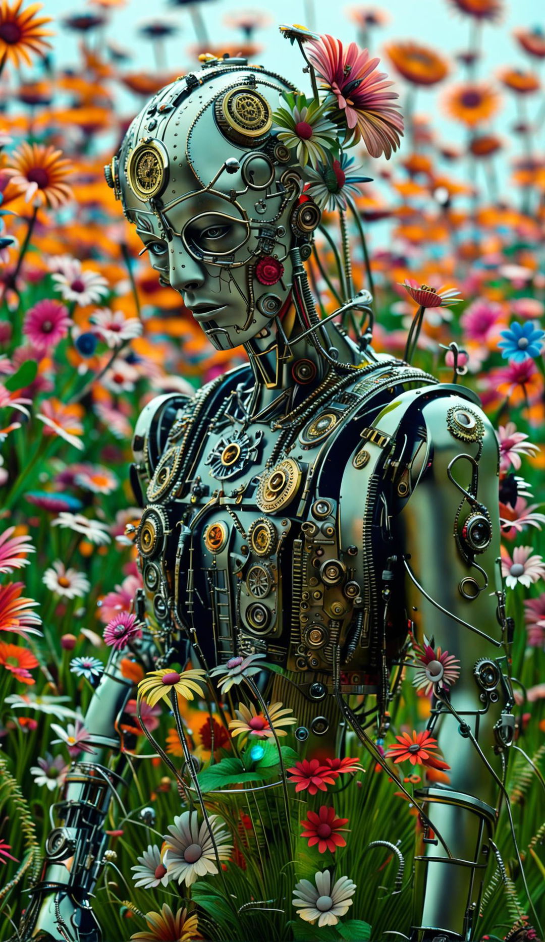 A hyper-realistic 3D image of an eerie rococo cyberpunk robotic man standing in a vibrant mythical meadow filled with colourful flowers. The close-up shot reveals intricate mechanical details and rococo designs on the robot, contrasting with the organic beauty of the surroundings.