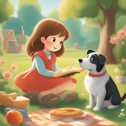 A high-quality illustration depicting a new scene from the storybook, featuring the little girl and her pet dog enjoying a picnic in a sunny park