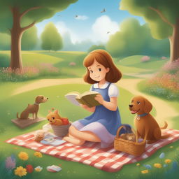 A high-quality illustration depicting a new scene from the storybook, featuring the little girl and her pet dog enjoying a picnic in a sunny park