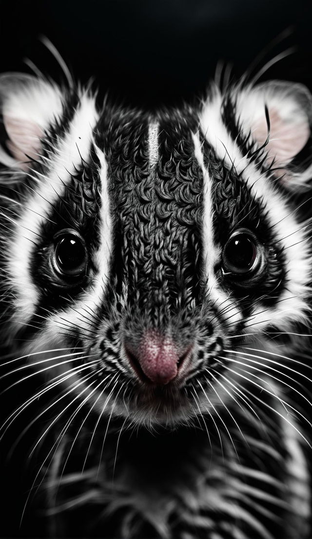 Ultra-close up of an adorable black and white zebra-patterned mouse's face in 32k resolution, focusing on its sparkling eyes, tiny pink nose, and delicate whiskers.