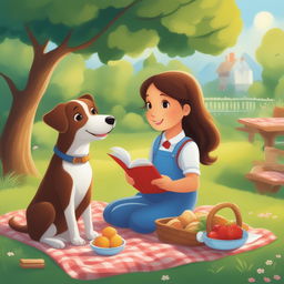 A high-quality illustration depicting a new scene from the storybook, featuring the little girl and her pet dog enjoying a picnic in a sunny park