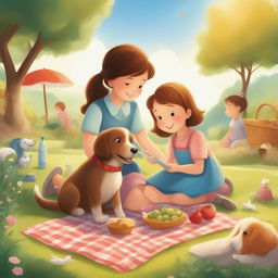 A high-quality illustration depicting a new scene from the storybook, featuring the little girl and her pet dog enjoying a picnic in a sunny park