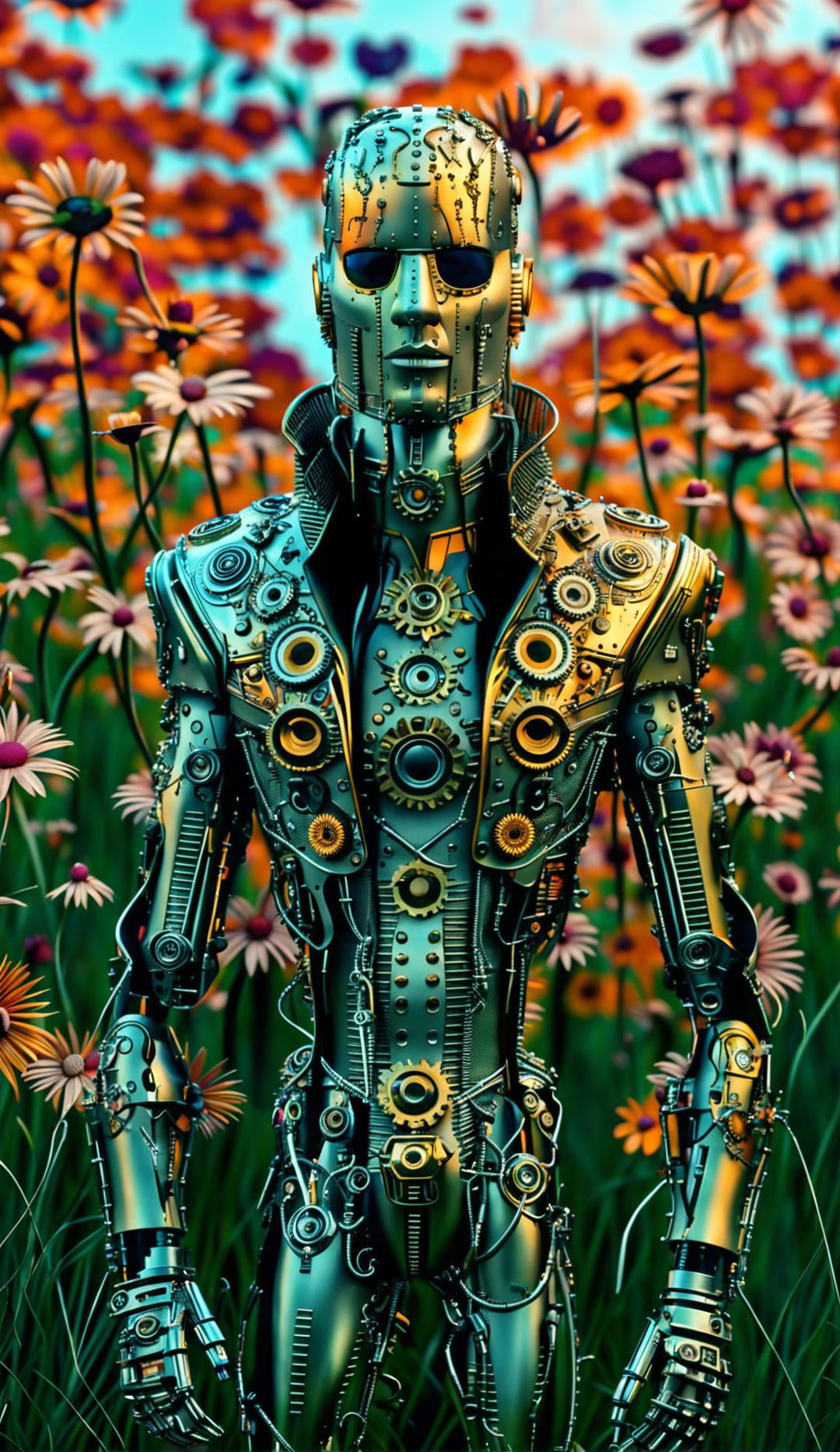 A hyper-realistic 3D image of an eerie rococo cyberpunk robotic man standing in a vibrant mythical meadow filled with colourful flowers. The close-up shot reveals intricate mechanical details and rococo designs on the robot, contrasting with the organic beauty of the surroundings.