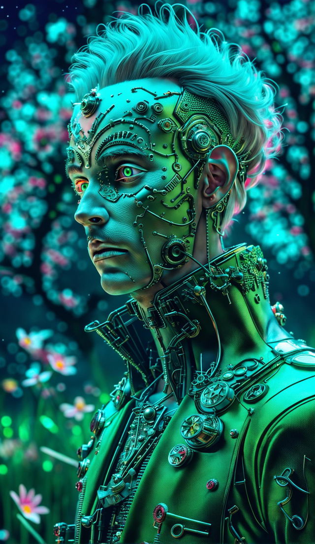 Hyper-realistic 3D rococo cyberpunk robotic man in a vibrant mythical meadow, close-up on his eerily handsome mechanical face reflecting the surrounding fantasy flora.