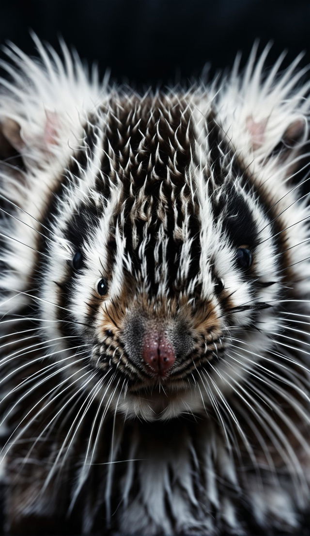 Ultra-close up of an extra fluffy, adorable black and white zebra-patterned mouse's face in 32k resolution, focusing on its sparkling eyes, tiny pink nose, and delicate whiskers.