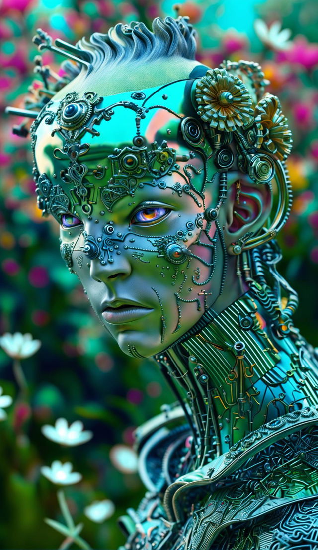 Hyper-realistic 3D rococo cyberpunk robotic man in a vibrant mythical meadow, close-up on his eerily handsome mechanical face reflecting the surrounding fantasy flora.