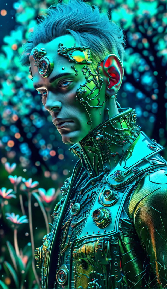 Hyper-realistic 3D rococo cyberpunk robotic man in a vibrant mythical meadow, close-up on his eerily handsome mechanical face reflecting the surrounding fantasy flora.