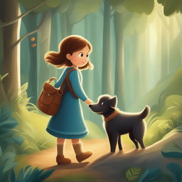 A detailed illustration showcasing a new scene from the storybook, where the little girl and her pet dog are exploring a forest