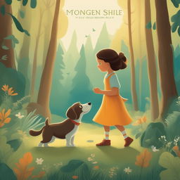 A detailed illustration showcasing a new scene from the storybook, where the little girl and her pet dog are exploring a forest