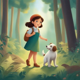 A detailed illustration showcasing a new scene from the storybook, where the little girl and her pet dog are exploring a forest